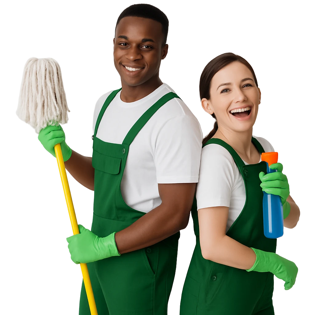 A smiling man and woman in green cleaning uniforms stand back-to-back, holding a mop and a spray bottle. They exude a friendly and professional vibe, representing a cleaning service.